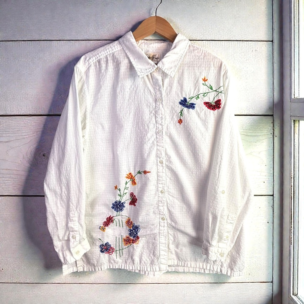 Vintage Embroidered Shirt Bobbie Brooks XL White 100% Cotton Lightweight Granny